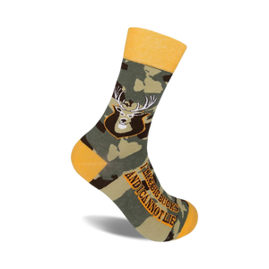 Crew socks in camo green and gold with a deer face graphic and the text 'I LIKE BIG BUCKS AND I CANNOT LIE'.