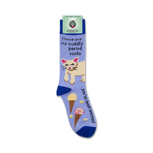 Product shot of 'Cuddly Period' socks on a retail packaging card.