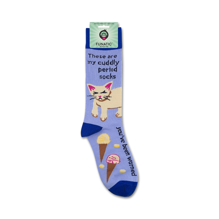 Product shot of 'Cuddly Period' socks on a retail packaging card.