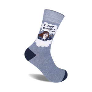 Crew socks in grey with navy blue cuffs. Design features a cartoon philosopher in a thought bubble saying 'I fart therefore I am'.
