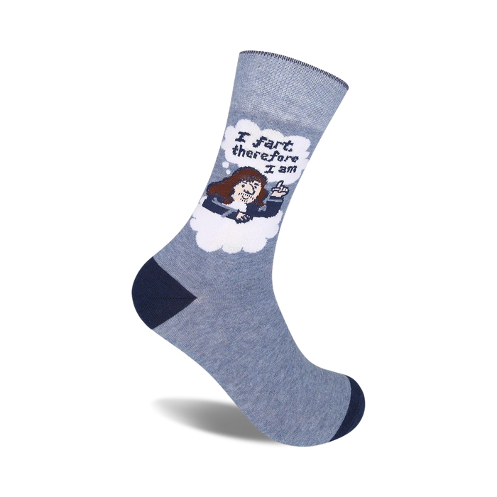 Crew socks in grey with navy blue cuffs. Design features a cartoon philosopher in a thought bubble saying 'I fart therefore I am'.