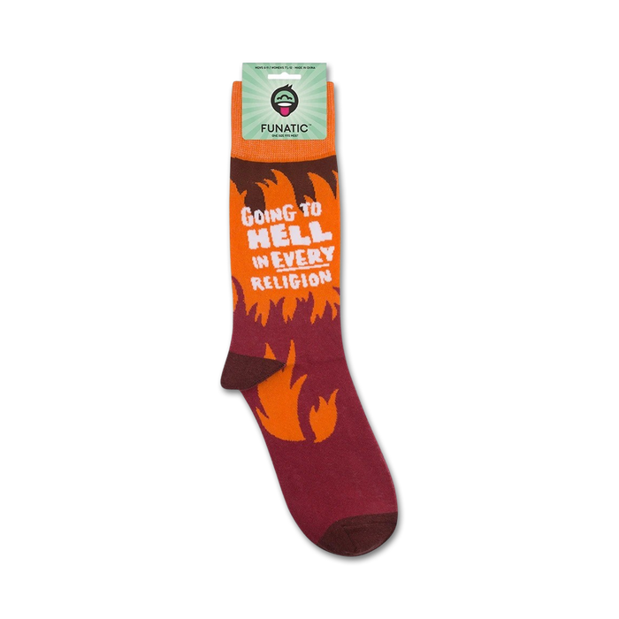 Product shot showing a pair of 'Going To Hell In Every Religion' socks on their packaging.