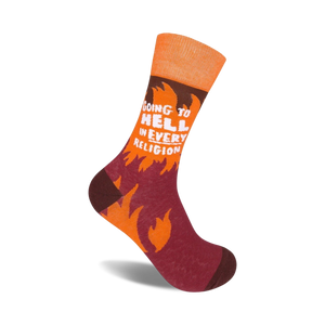 Crew socks in orange and maroon with flames and the text 'Going To Hell In Every Religion' in white.