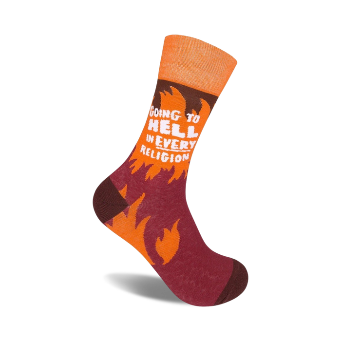 Crew socks in orange and maroon with flames and the text 'Going To Hell In Every Religion' in white.