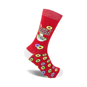 Red crew socks with 'I Can't Adult Today' text and a cereal-themed design.  Features colorful cereal rings on a red background.