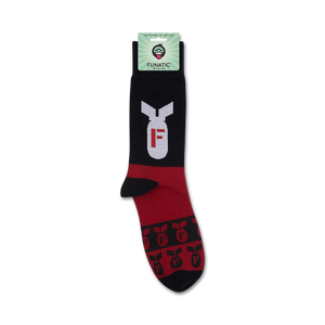 Product shot of 'F-Bomb' socks on Funatic packaging. Shows the full sock design and branding.