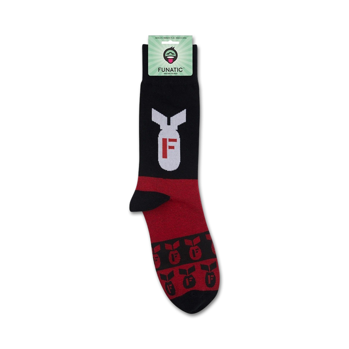 Product shot of 'F-Bomb' socks on Funatic packaging. Shows the full sock design and branding.