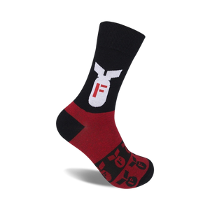 A pair of black and red crew socks feature a bold white 'F-bomb' graphic on the leg and smaller repeated prints on the foot.