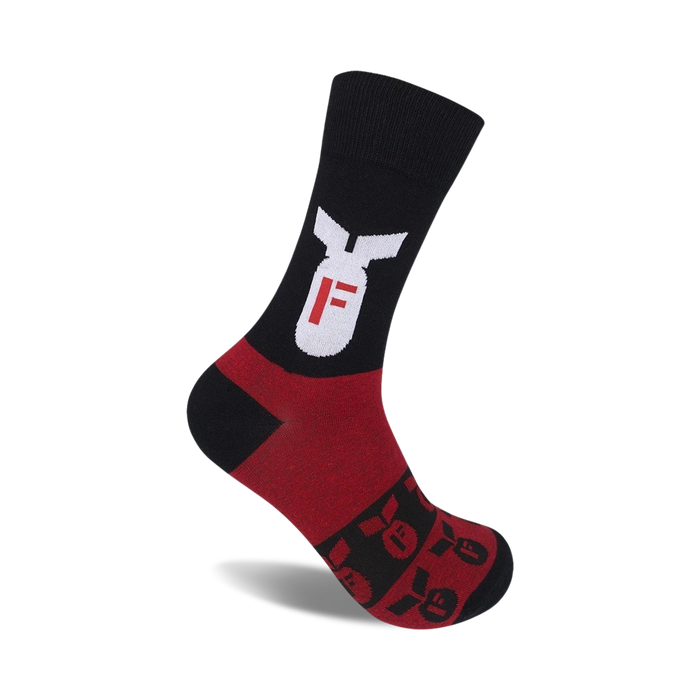 A pair of black and red crew socks feature a bold white 'F-bomb' graphic on the leg and smaller repeated prints on the foot.