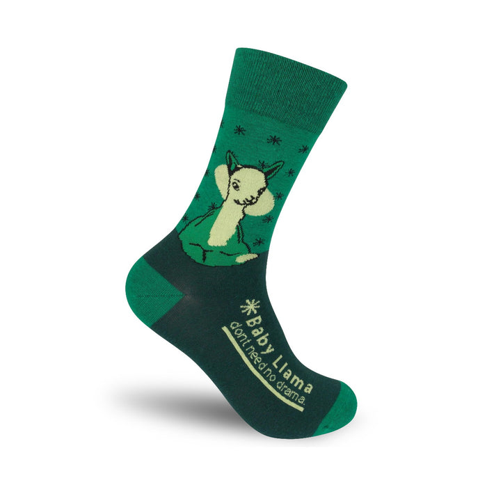 Crew socks in green and dark green featuring a cute baby llama illustration and the text 'Baby Llama don't need no drama'. }}