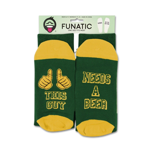 Product shot showing socks packaged on a card.  Green and gold color scheme is visible.