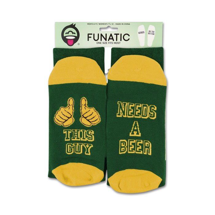 Product shot showing socks packaged on a card.  Green and gold color scheme is visible.