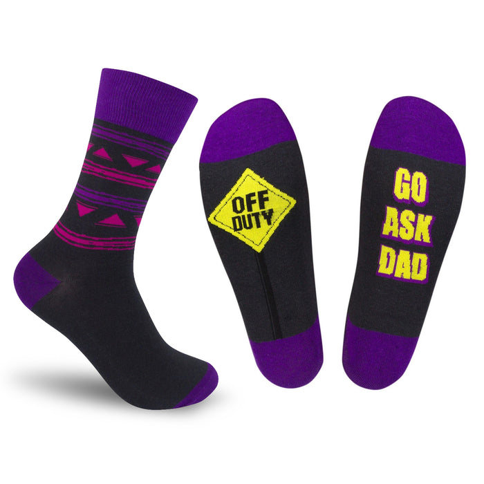 Crew socks in black with purple accents. One sock features geometric stripes, the other says 'Off Duty' and 'Go Ask Dad'. }}