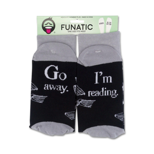 Product packaging of 'Go Away I'm Reading' socks showing the full design on both socks.