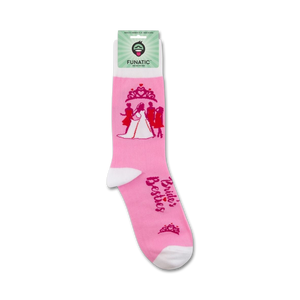 A pair of pink socks with a white toe and heel. The socks have a pattern of black hearts and the words 