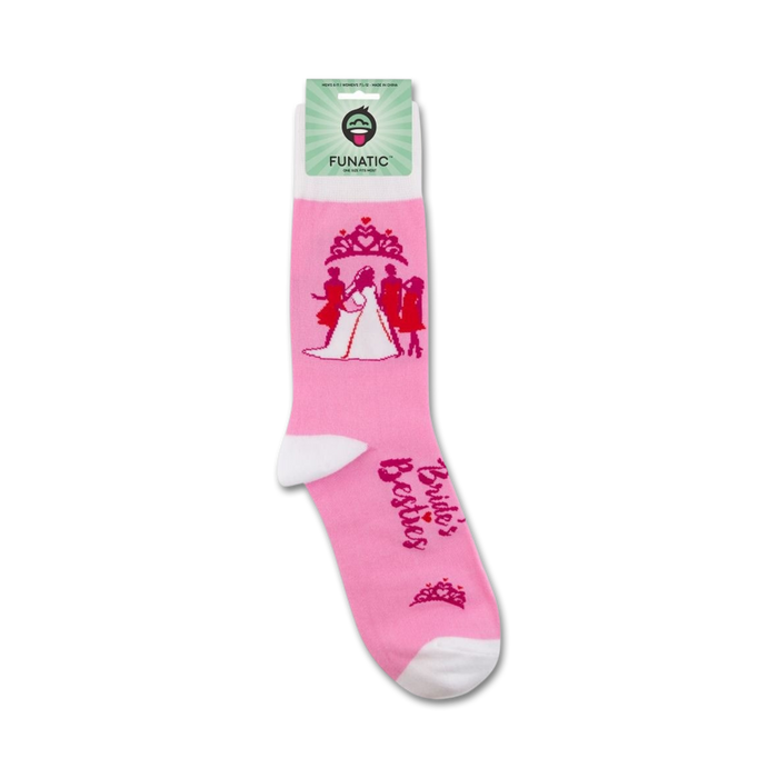 A pair of pink socks with a white toe and heel. The socks have a pattern of black hearts and the words 