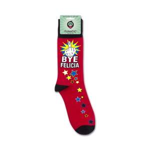 Product shot of 'Bye Felicia' socks on their packaging card. Shows full sock design and branding.