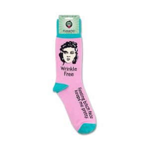 Product shot of 'Wrinkle-Free, Resting Bitch Face Keeps Me Pretty' socks on their packaging.