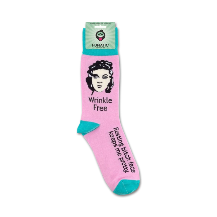 Product shot of 'Wrinkle-Free, Resting Bitch Face Keeps Me Pretty' socks on their packaging.
