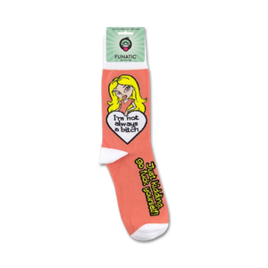 Packaging shot of the 'I'm Not Always a Bitch' crew socks showing the full sock design on the packaging.