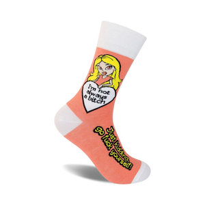 Crew socks in peach and white featuring a cartoon girl and the text 'I'm not always a bitch, Just Kidding, Go Fuck Yourself!'