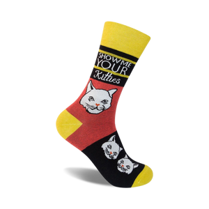 Crew socks in yellow, red, and black, featuring a bold 'Show Me Your Kitties' graphic with playful cat faces.