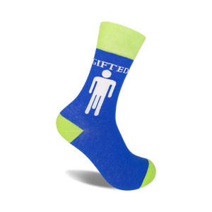 A pair of blue and lime green crew socks featuring a white 'gifted' graphic with a stick figure. Fun and quirky!