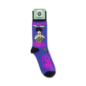 Product shot showing the 'Makeup Doesn't Cover Up Crazy' socks on a retail card.