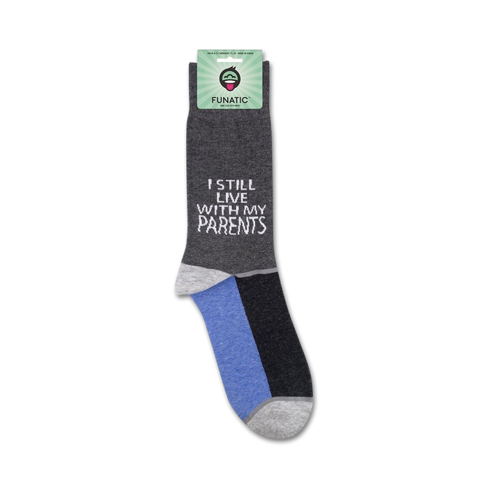 A close-up showing the socks on their packaging.  'I still live with my parents' is clearly visible.