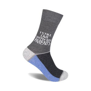 Crew socks in grey and blue, featuring the text 'I still live with my parents' in white.