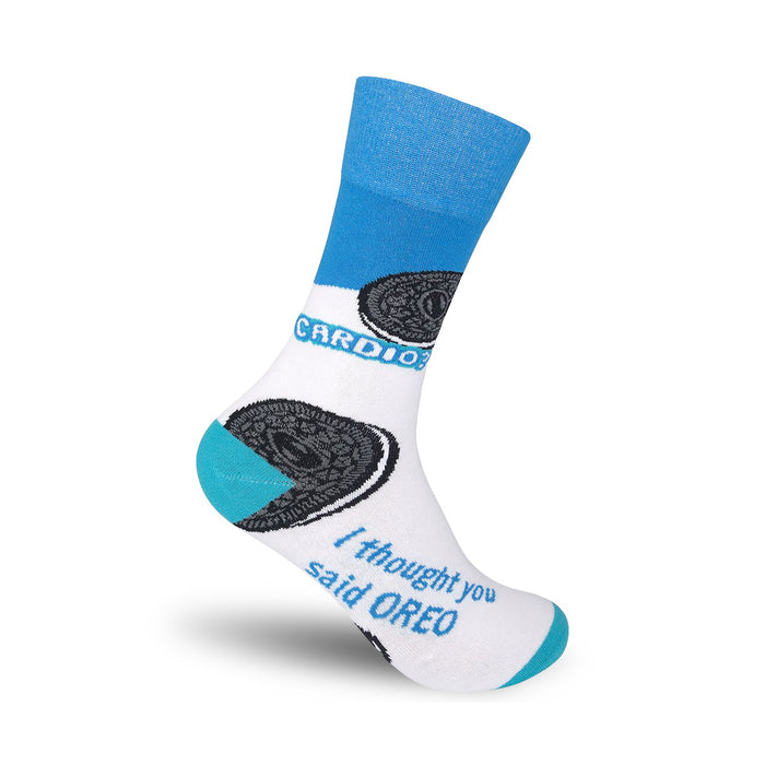 Crew socks in white, teal, and light blue. Oreo cookies are printed on the socks, along with the phrase, 'I thought you said Oreo'. }}
