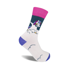 purple toe, heel, and cuff with cartoon dabbing unicorn, rainbow mane, tail, and sunglasses  