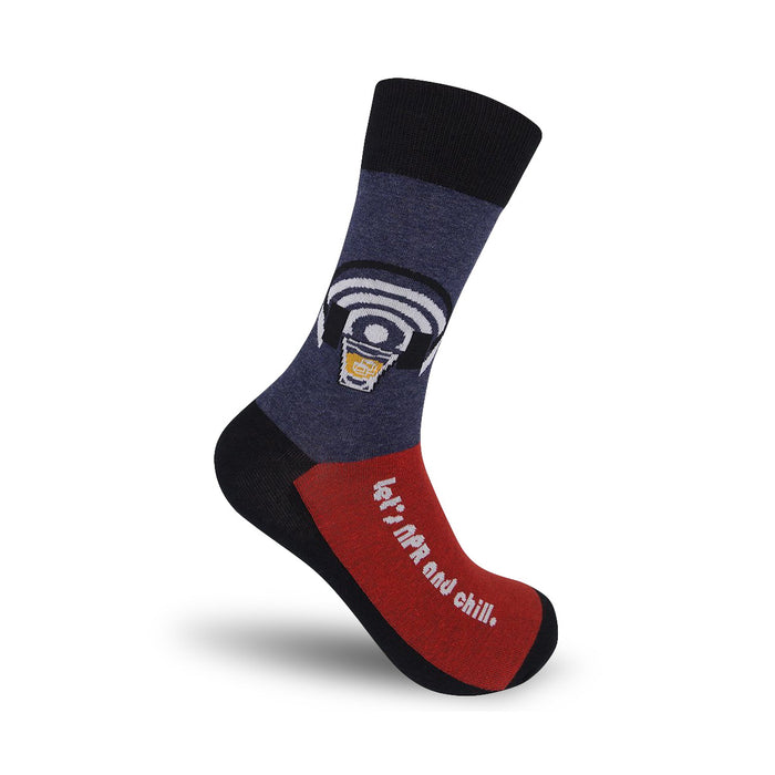 Crew socks in navy, red, and black. Feature a coffee cup in headphones and the text 'Let's NPR and chill.' }}