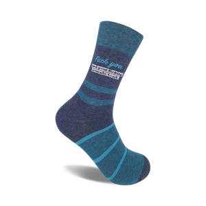Crew socks in teal and dark gray with horizontal stripes and the phrase 'Fuck you and your fucking avocado toast'.