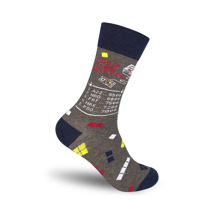 Crew socks in grey and navy blue with a retro video game-themed design, including pixelated graphics, a score screen, and the text 'Video Game Master'. }}