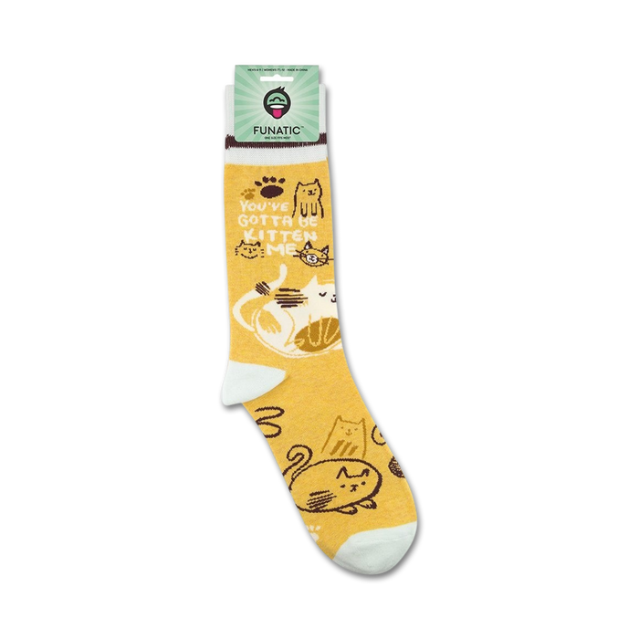 Product shot of 'You've Gotta Be Kitten Me' socks on a white background, showing packaging.
