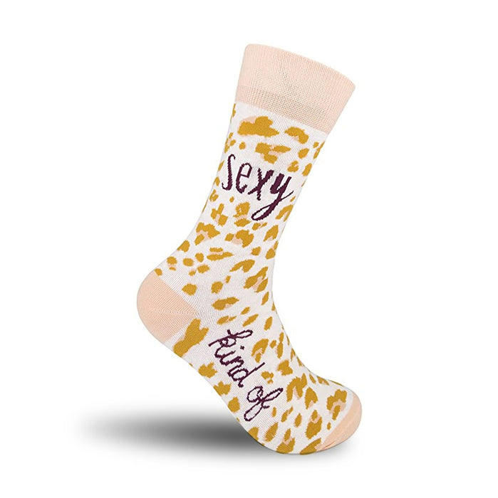 Cream crew socks with a mustard yellow leopard print and the words 'Sexy Kind Of' in purple script. }}