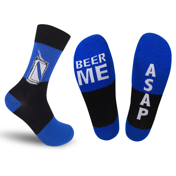 Crew socks in blue and black. One sock shows a beer can graphic, the other reads 'BEER ME ASAP'. }}