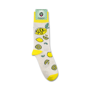 Product shot of 'Suck It' socks on their packaging.  Shows the full sock design and brand details.