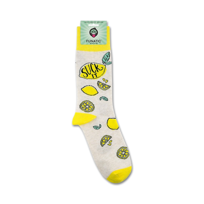 Product shot of 'Suck It' socks on their packaging.  Shows the full sock design and brand details.
