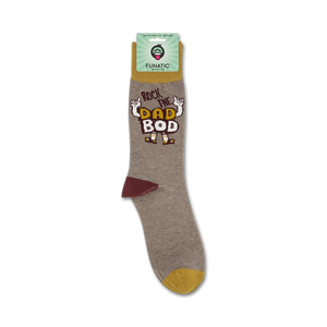 Product shot of 'Rock the Dad Bod' socks on their packaging.