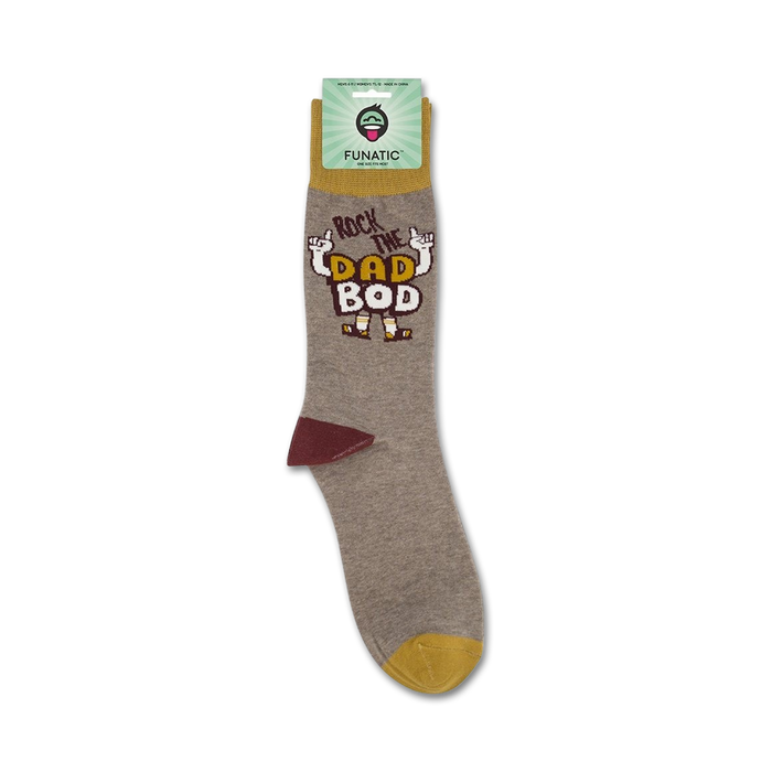 Product shot of 'Rock the Dad Bod' socks on their packaging.