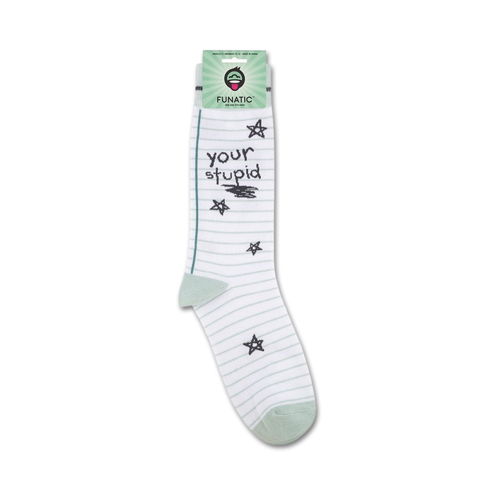 Product shot of 'Your Stupid' socks on their packaging card.