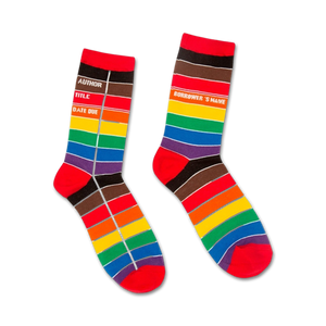  library themed crew socks featuring a rainbow pattern and black toes, heels, and cuffs. for men and women.    