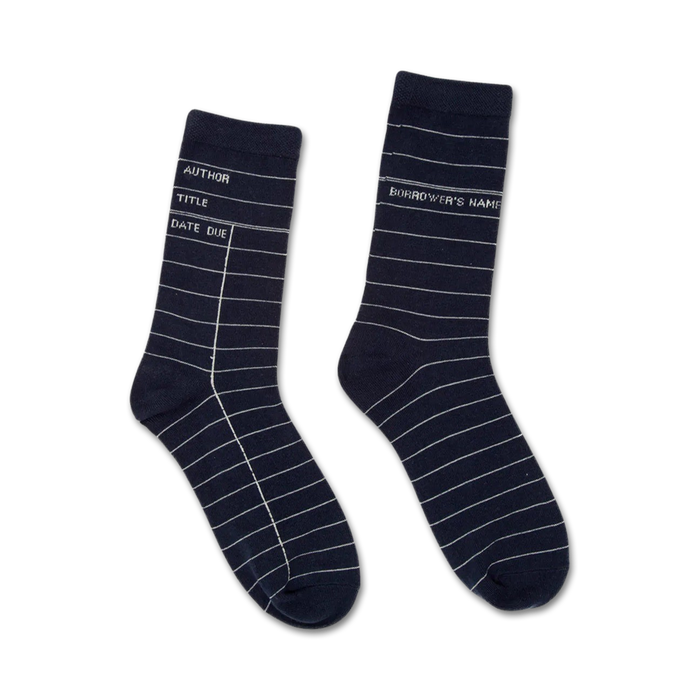 library card navy crew socks: left sock has 