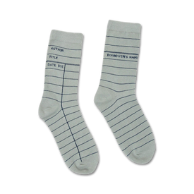 crew length gray socks with blue lines like a library card. for him and her.   