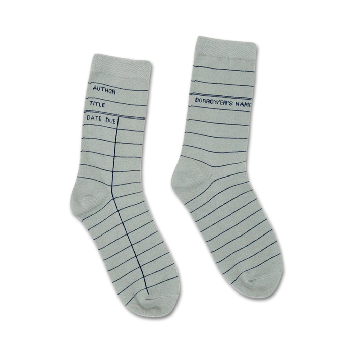 crew length gray socks with blue lines like a library card. for him and her.    }}