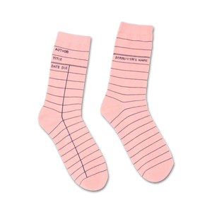 Pair of pink crew socks with a library card design.  The socks feature dark pink lines mimicking a book checkout card.