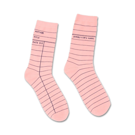 library card pink crew socks for book lovers in medium.  