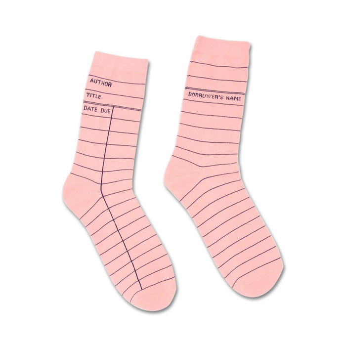 library card pink crew socks for book lovers in medium.   }}